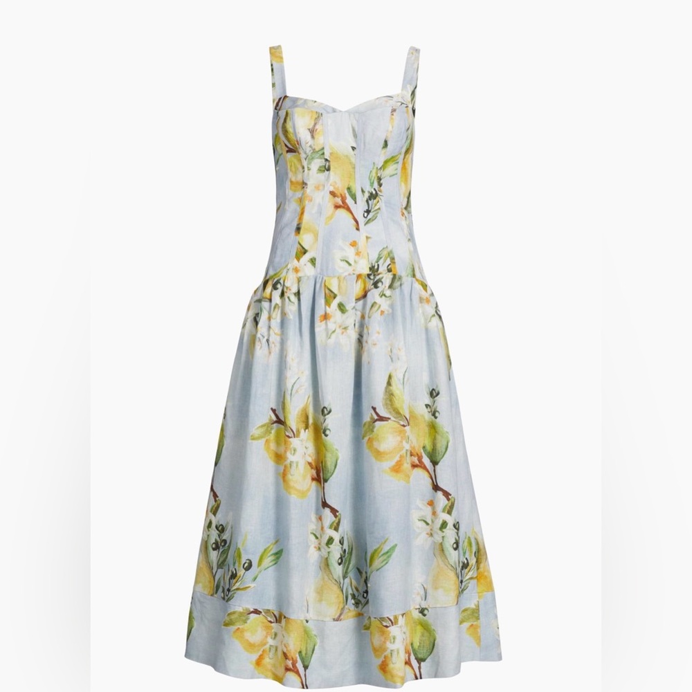 Nicholas - Makenna Floral Linen Drop Waste Midi Dress - Aniss Sky Lemon